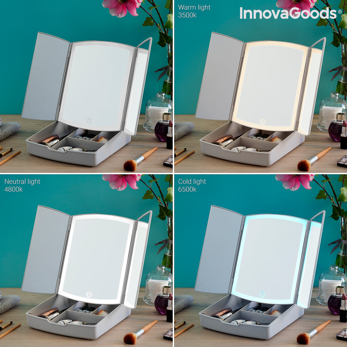 Espejo LED Plegable con Organizador de Maquillaje 3 en 1 Panomir InnovaGoods